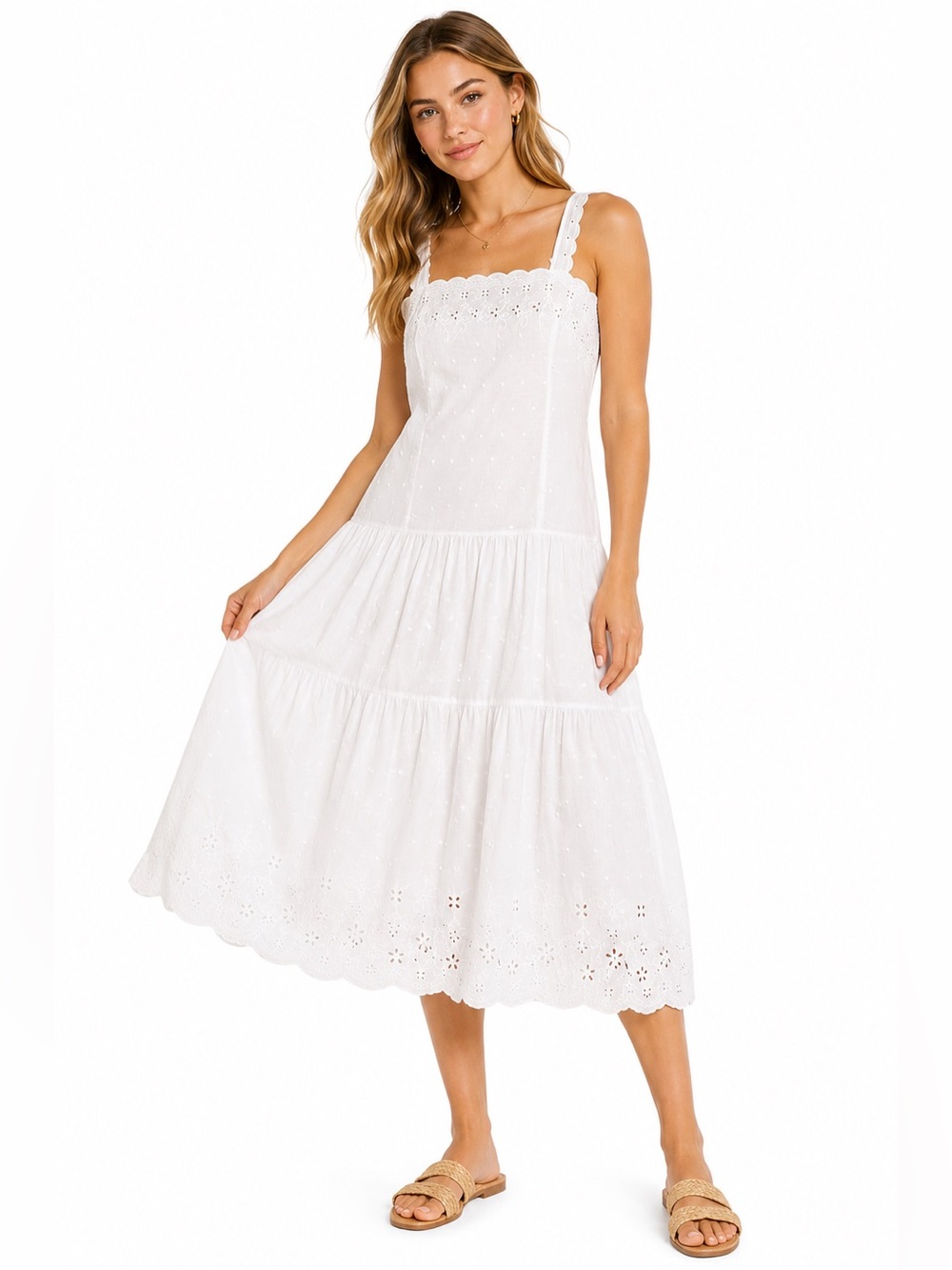 Deena White Eyelet Sundress SZ S Cottagecore Midi Dress Embroidered Cotton Blend